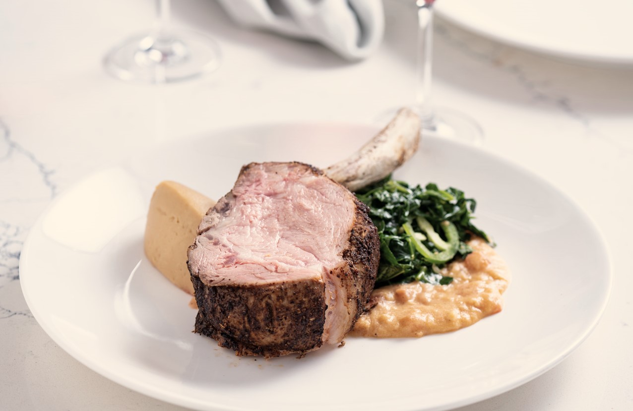 Berbere-Spiced Roasted Rack of Veal, Sweet Potato Peanut Puree, Gomen, Shiro