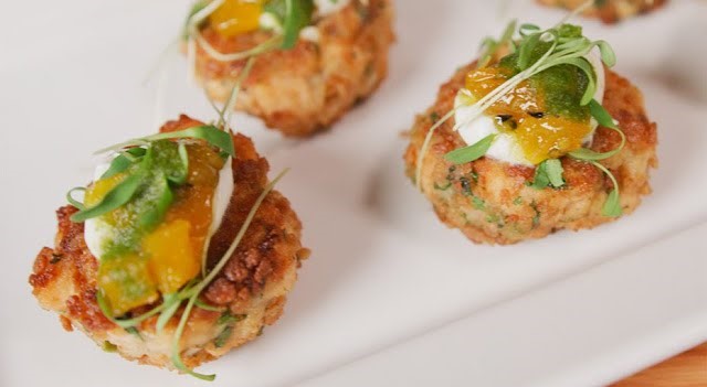 Indian-Spiced Salmon Cakes with Mango Chutney, Cilantro Mint Chutney, and Yogurt