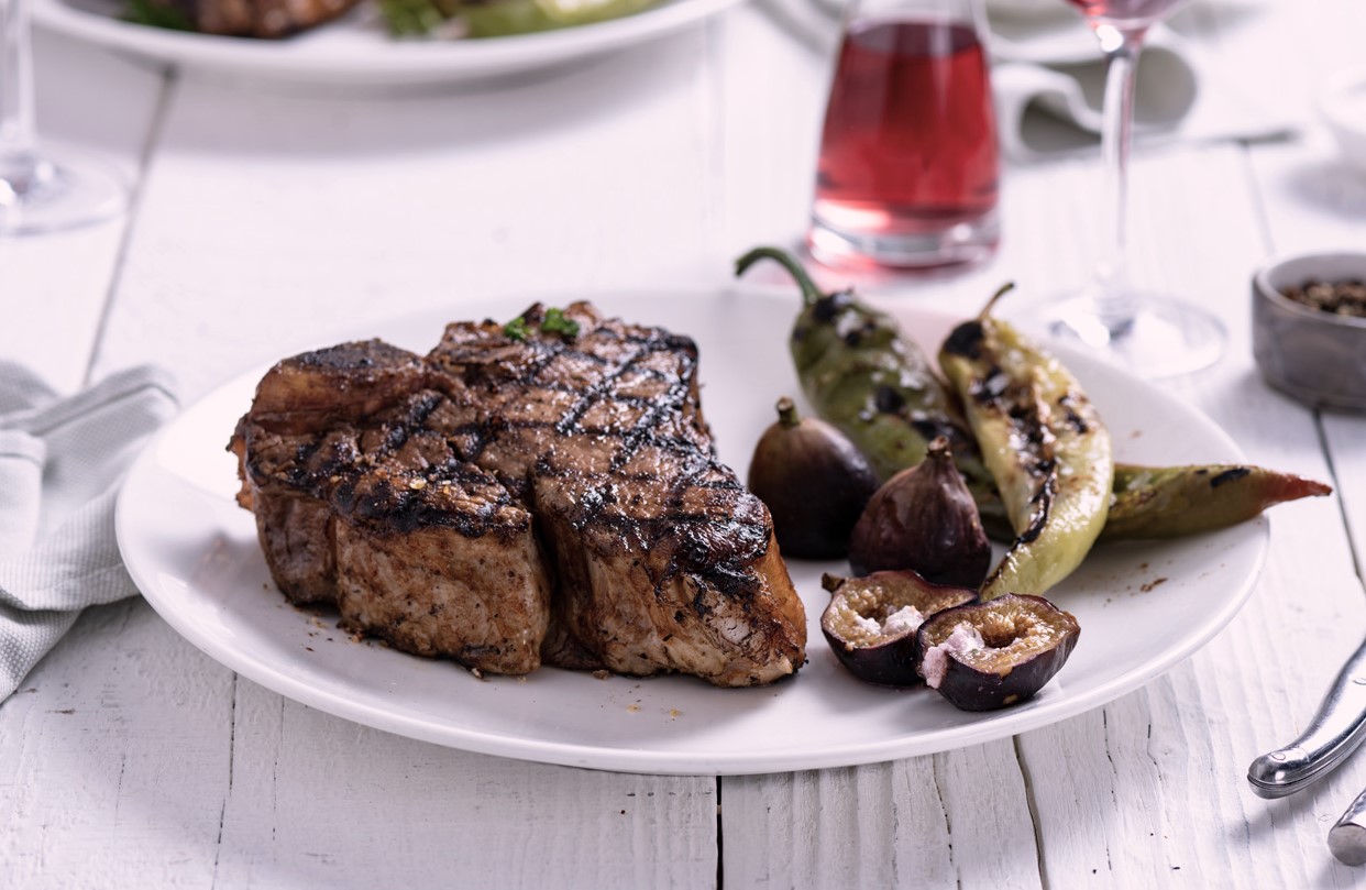 Szechuan Peppercorn-Grilled Porterhouse, Goat Cheese-Stuffed Figs, and Blistered Peppers