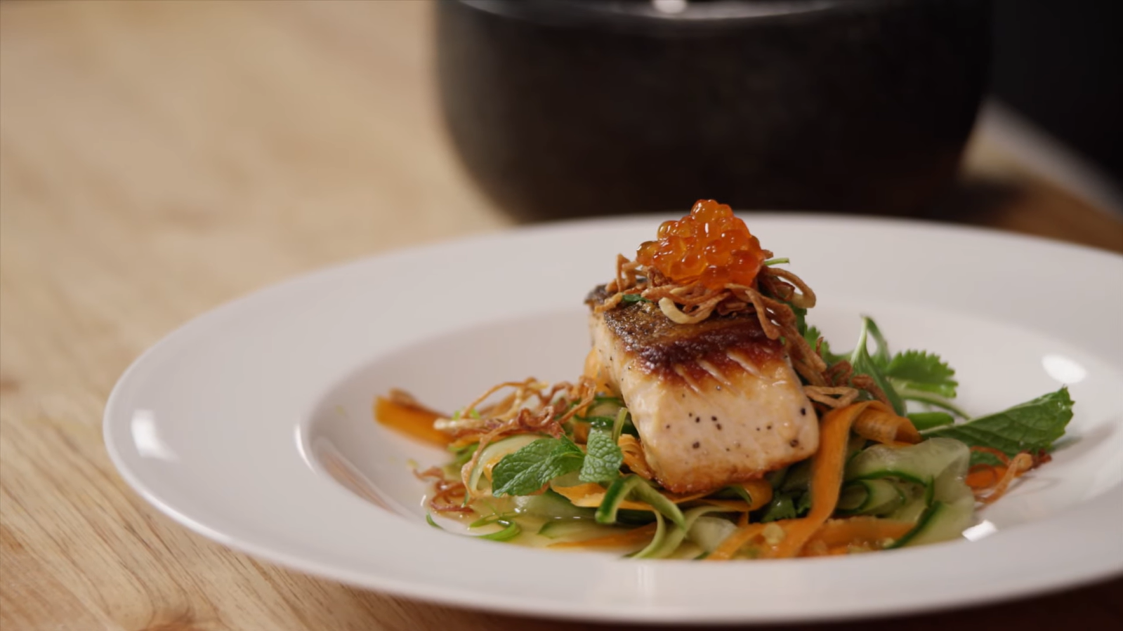 Crispy Vietnamese Salmon on Cucumber Herb Salad