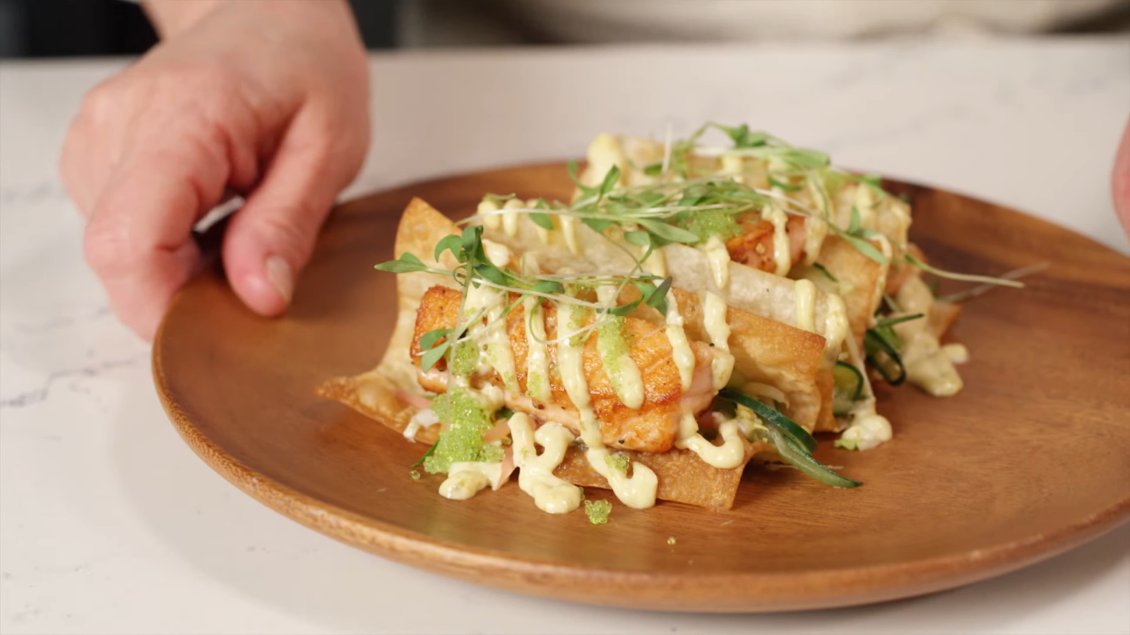 Crispy Wonton Salmon Tacos with Yuzu Koshu Mayo